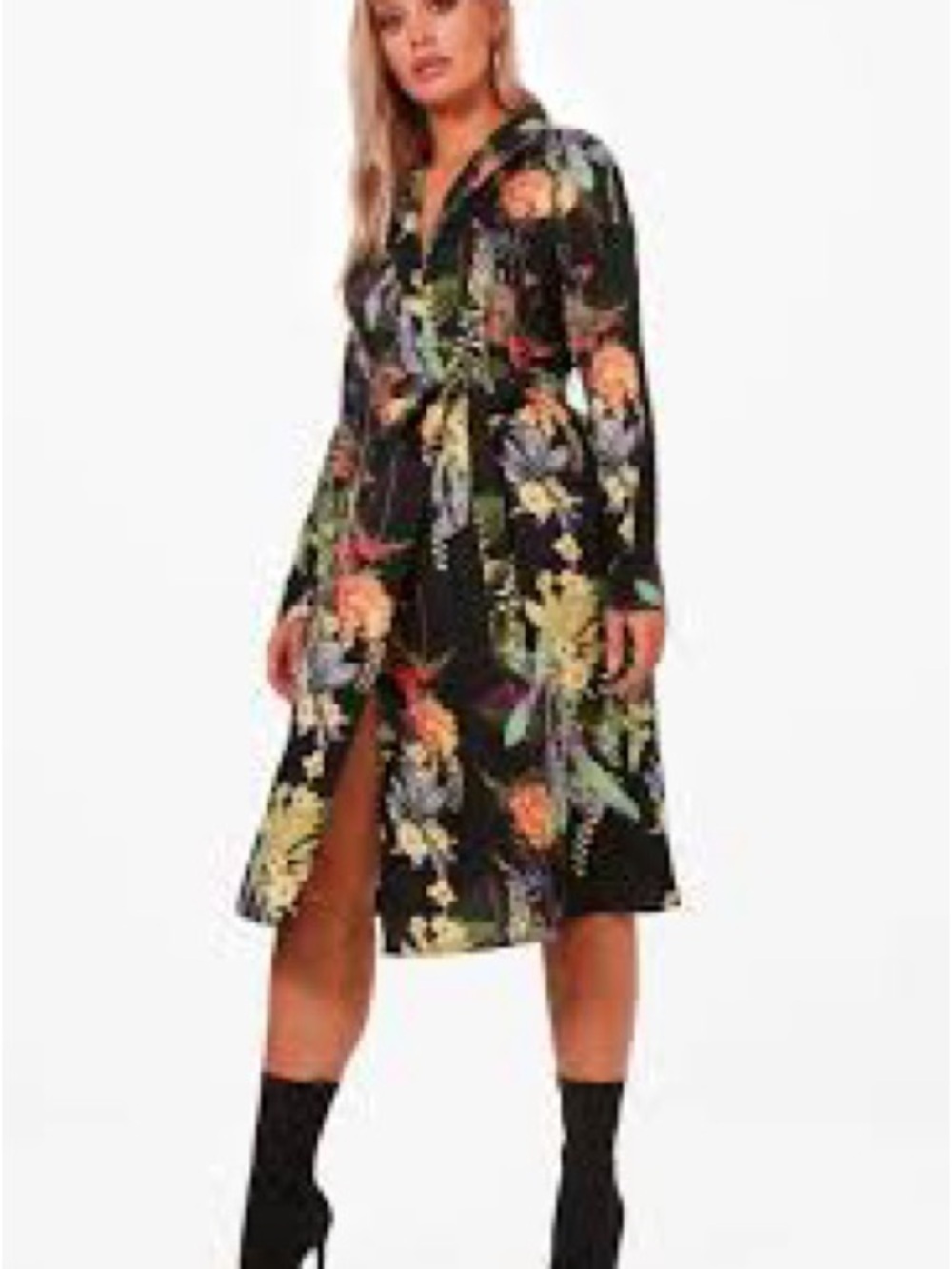 Miss Avenue Black Floral Long Sleeve Midi Shirt Dress Size M